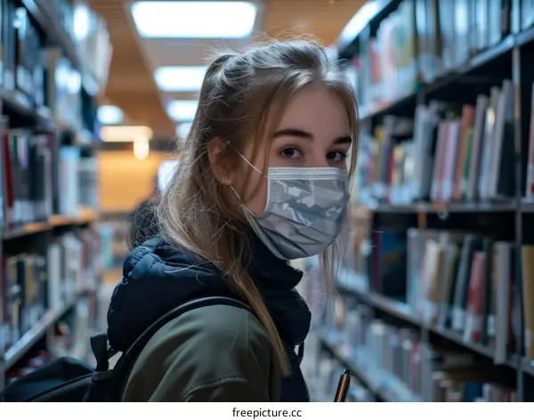 Portrait of a young woman wearing a mask in a library