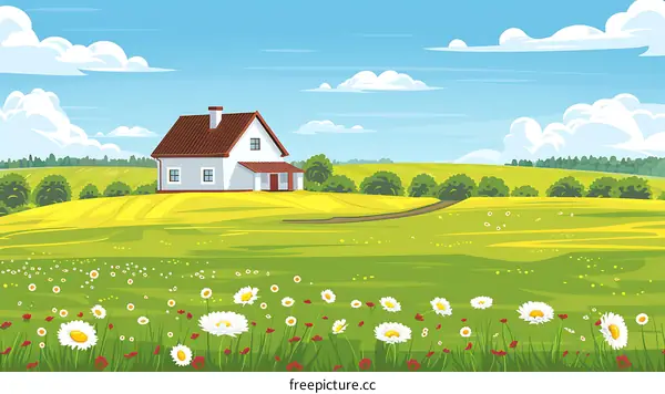 Summer Landscape with House and Meadow