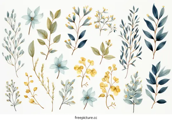 Blue and yellow watercolor floral elements