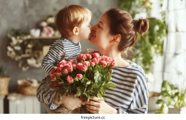 Mother and Child Sharing a Kiss with Flowers
