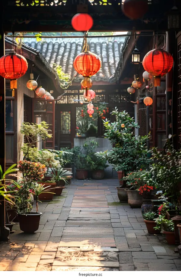 Chinese courtyard with red lanterns and plants