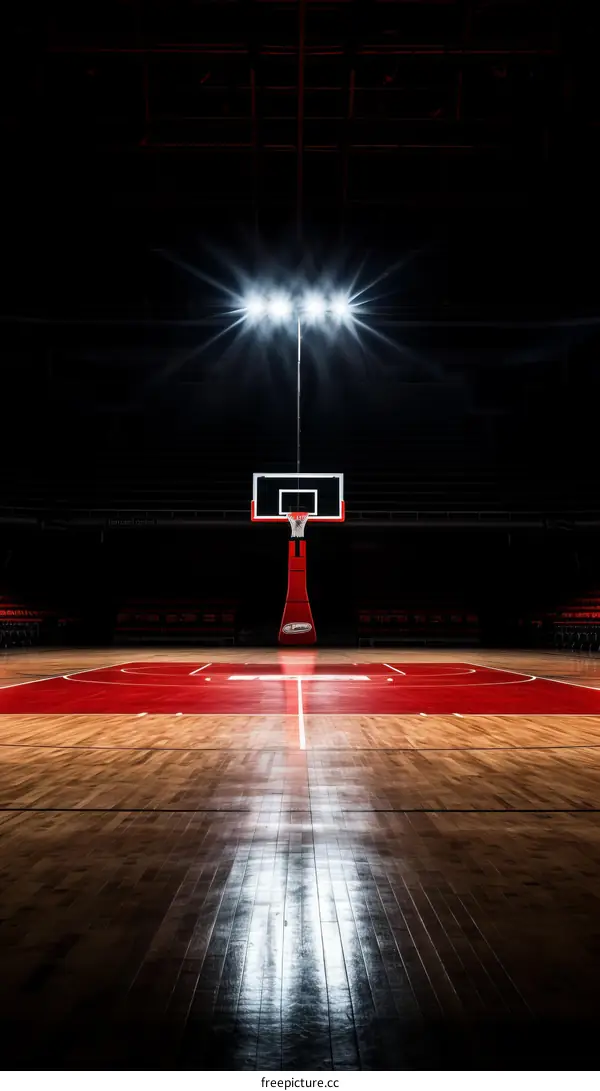 Basketball court with a single hoop under bright lights