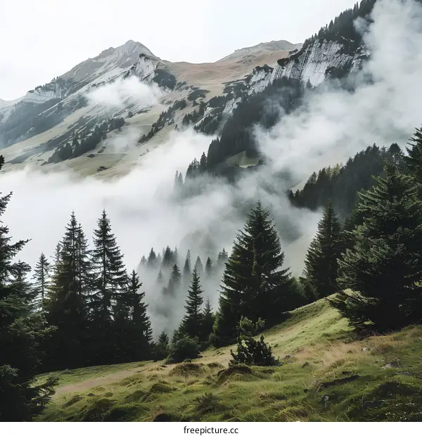 Mountainous Landscape With Foggy Peaks and Evergreen Trees
