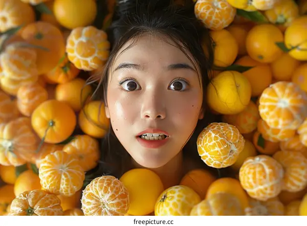 A young woman submerges her head in a pool of oranges