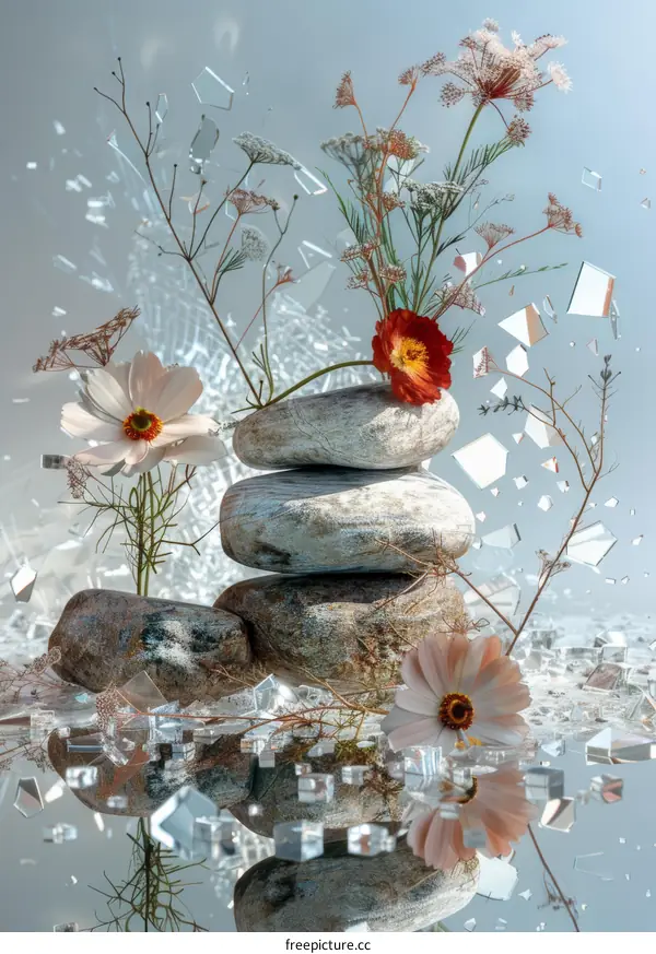Still Life Composition: Stones, Flowers, and Shattered Glass