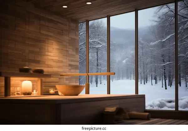 Wooden sauna room interior with large windows overlooking snowy forest landscape