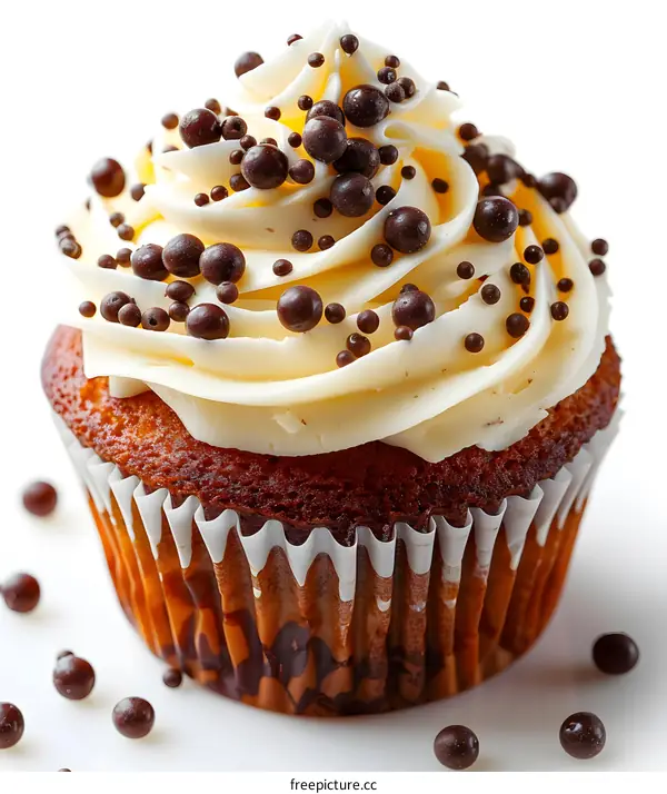 Close-up image of a chocolate cupcake with white frosting and chocolate sprinkles against a white background