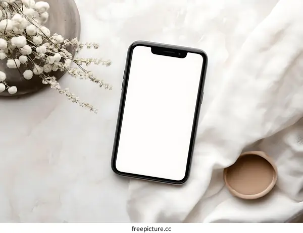 White Phone Mockup On Marble Background With Dry Flowers