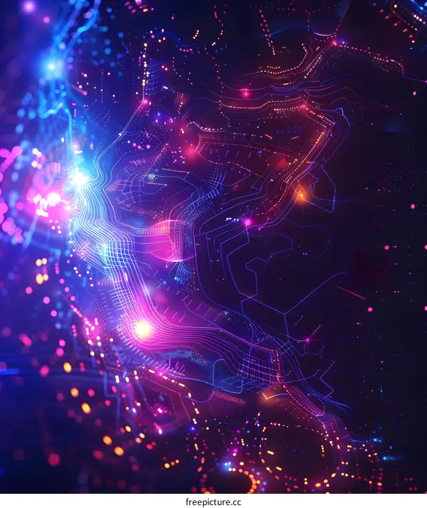 Colorful Glowing Digital Particles form a Circuit Board