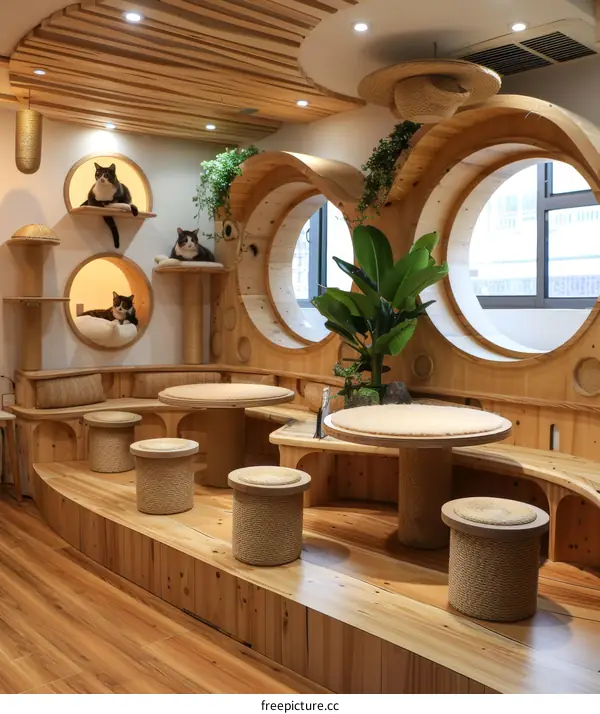 Cozy Cat Cafe with Unique Wooden Interior Design