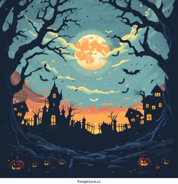 Spooky Haunted Village Illustration for Halloween
