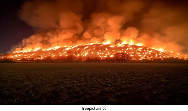 A large landfill is on fire, sending flames and smoke into the night sky
