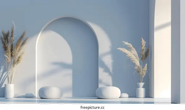 Minimalist White Interior Design With Arched Wall and Pampas Grass