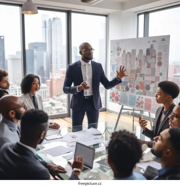 Black businessman giving presentation to a group of people in a conference room