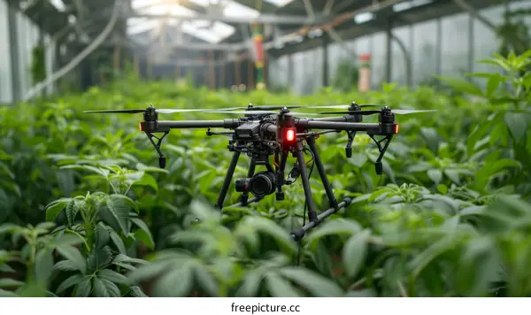 Drone flying over a field of green plants