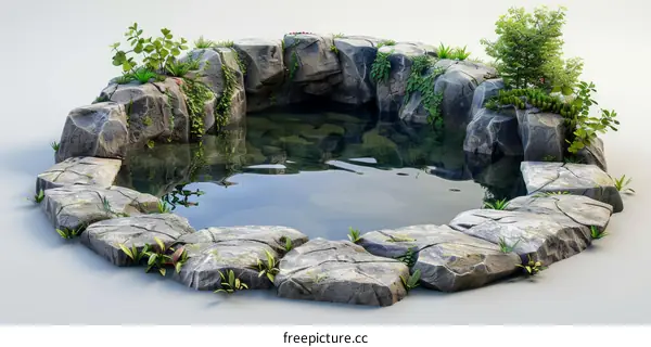 Beautiful Natural Pond with Rocks and Lush Plant Life