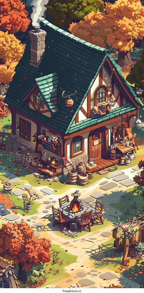 Cozy Autumn Cottage with a Stone Fireplace and Surrounding Trees