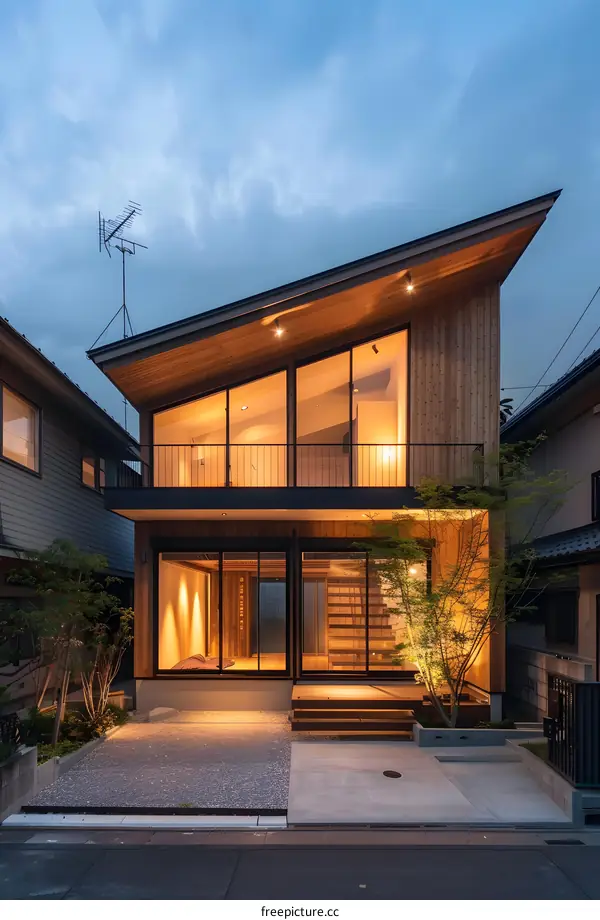 Modern Wooden House with Glass Windows at Dusk