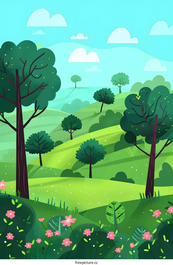 Green Hills Landscape With Trees And Flowers