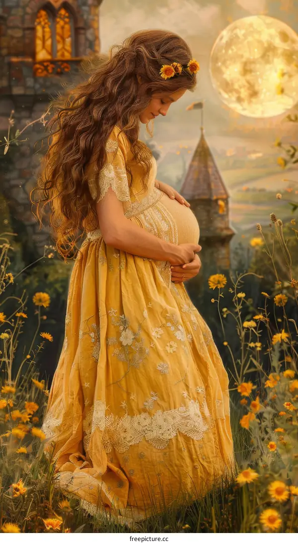Portrait of a Pregnant Woman with Blonde Hair and Blue Eyes Standing in a Field of Yellow Flowers