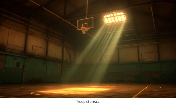Basketball court with a single ray of light shining through the window