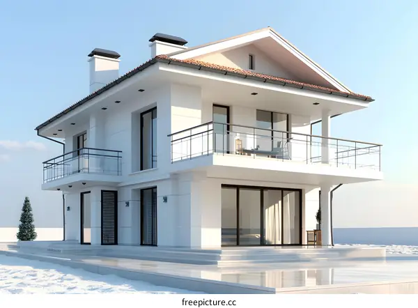 Modern White House with Balconies and a Pool