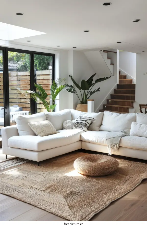 Bright living room with white sofa and natural textures