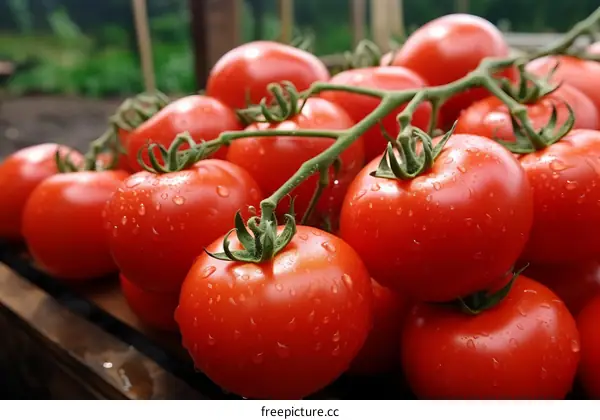 A close-up image of a cluster of ripe tomatoes on the vine with water droplets on the skin