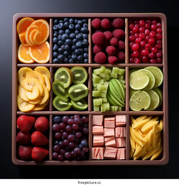 A wooden box filled with colorful fruits and vegetables