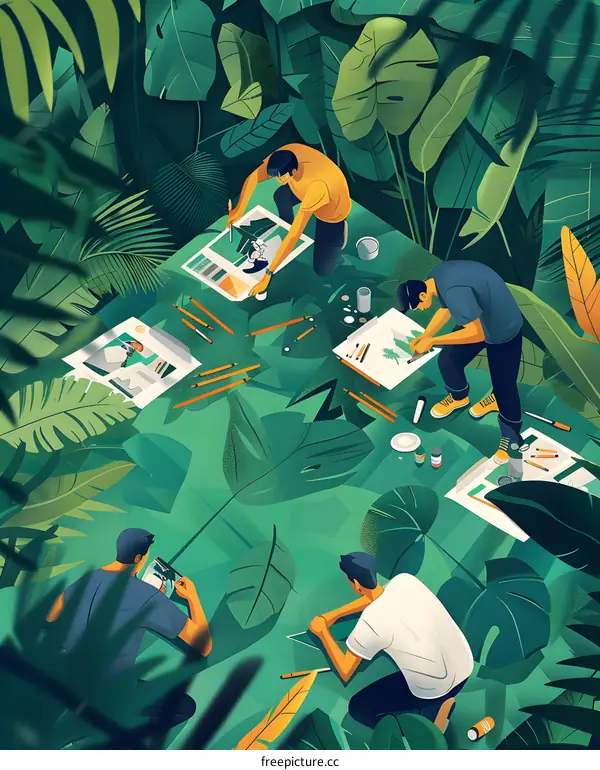 Four people are drawing and painting in a lush green jungle