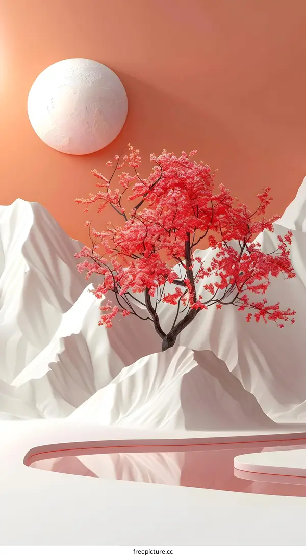 Lonely tree on a surreal pink landscape with a giant moon
