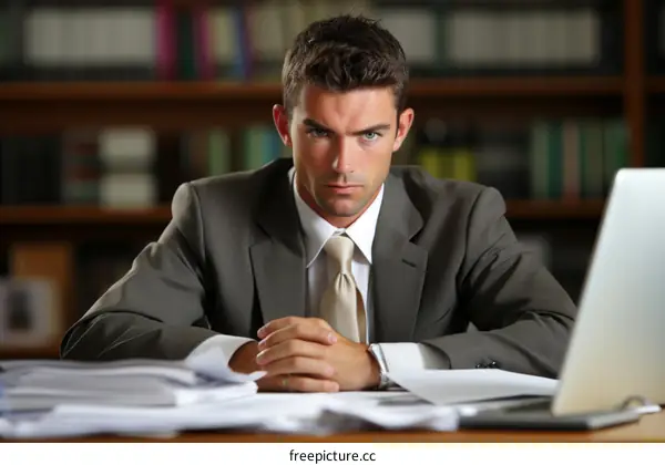 Young businessman sitting at his desk looking serious