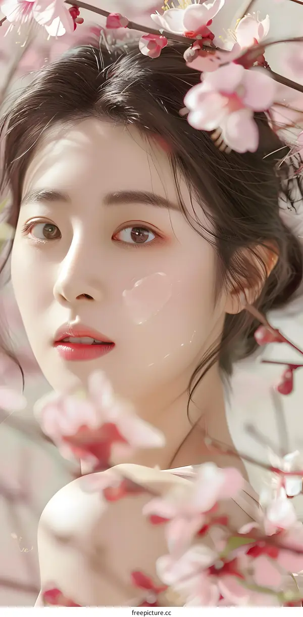 Beautiful Asian Woman with Flowers in Her Hair