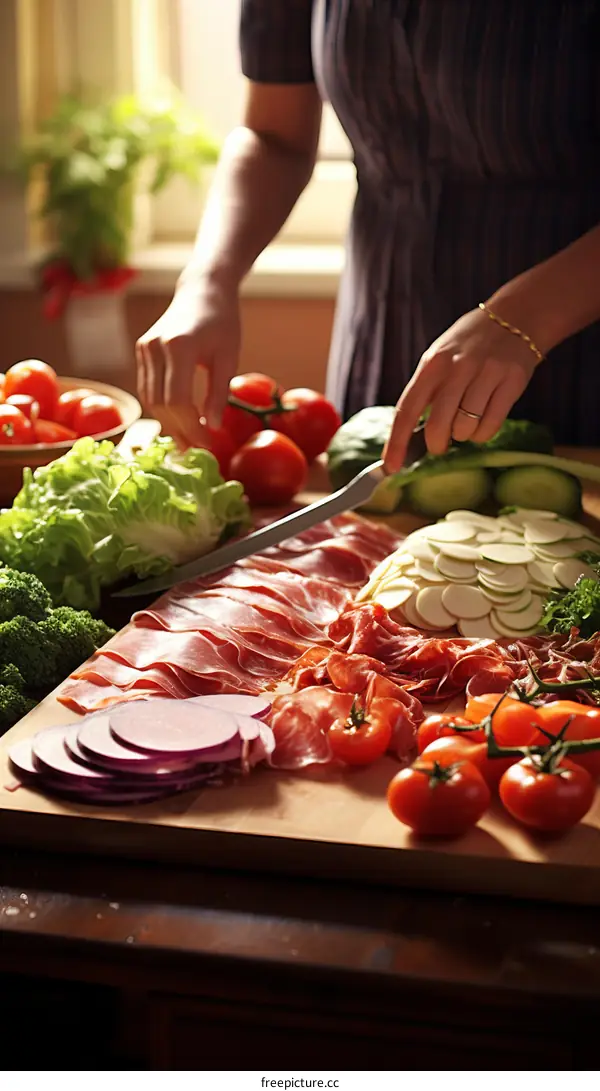 A woman is preparing a charcuterie board with fresh vegetables