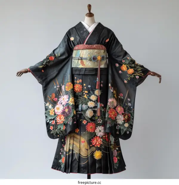 A woman wearing a black kimono with a floral pattern