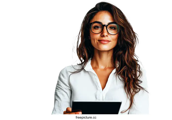 [Transparent Background PNG]Confident Woman Holding Tablet with Stylish Glasses