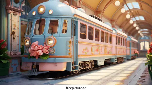 A pink and blue train decorated with roses is parked in a station