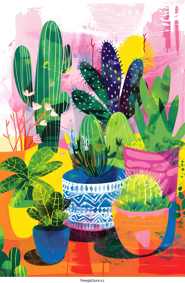 Colorful Illustration of Cactus in Pots
