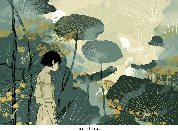 Woman Standing in a Lotus Garden Illustration