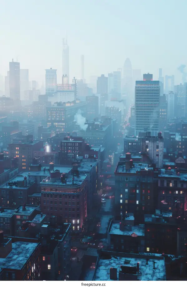 Misty Cityscape in Winter Evening
