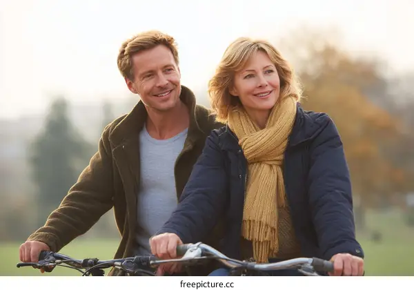 Couple Cycling Outdoors in Autumn