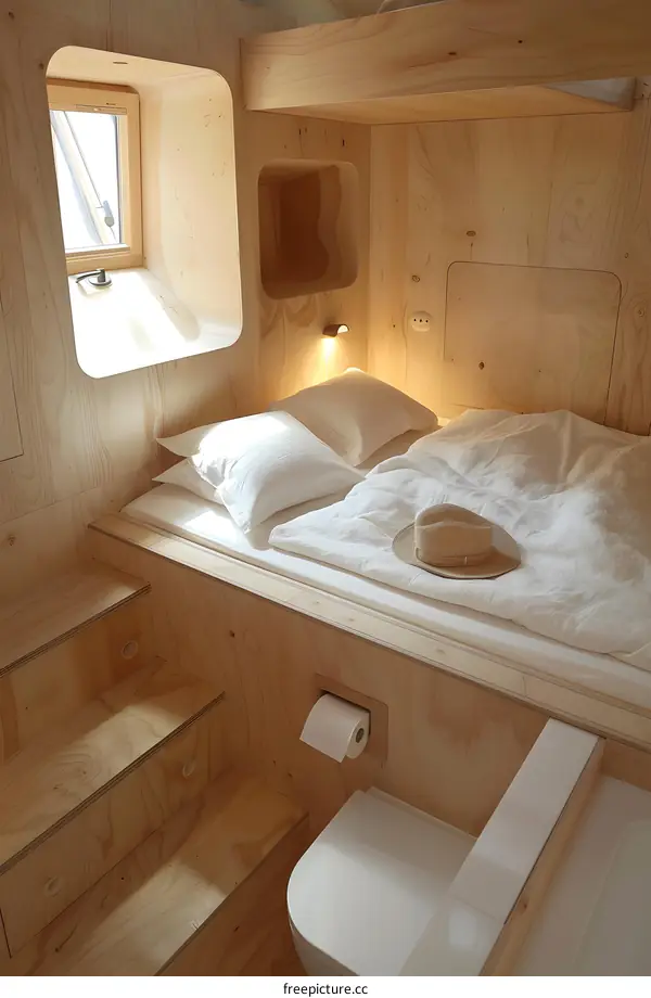 Modern Small Wooden Bedroom Interior Design With Wooden Bed, Toilet, And Hat