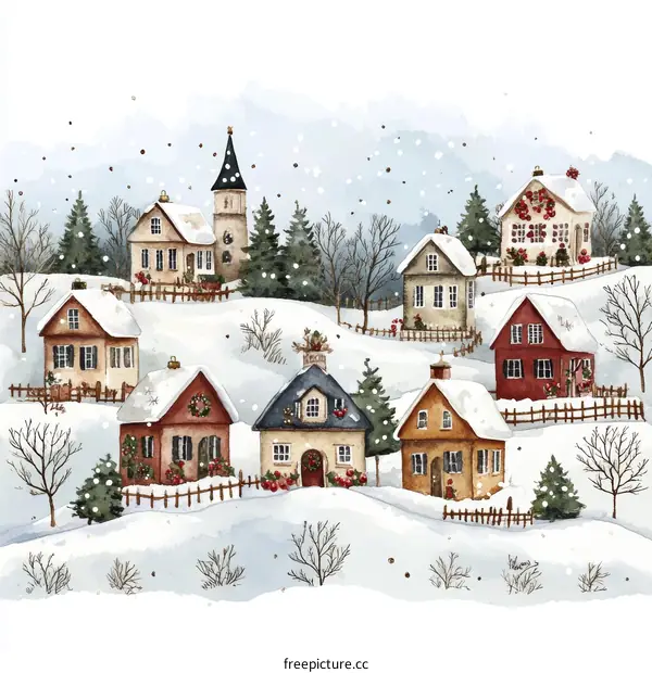 Snowy Winter Village Watercolor Illustration