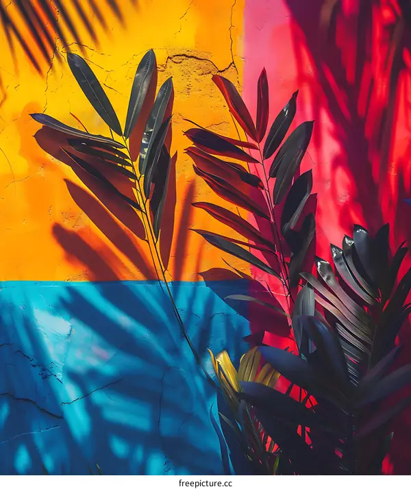Tropical Plants Against Vibrant Colored Wall