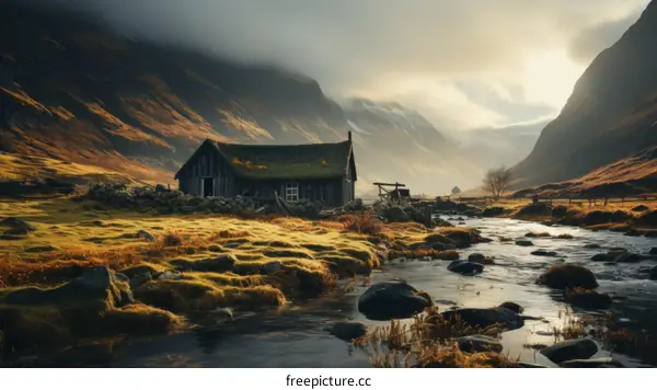 Thatched roof house in valley with mountains and river