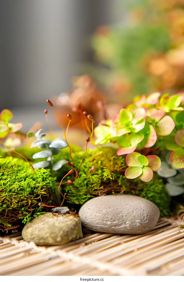 Close Up of Green Moss and Stones on a Bamboo Mat