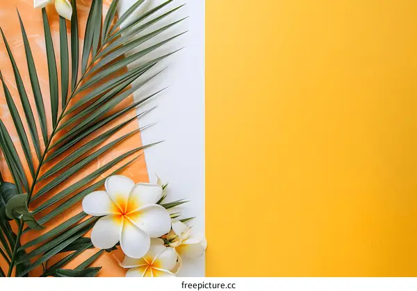 Tropical Leaf and Flowers on Yellow and White Background