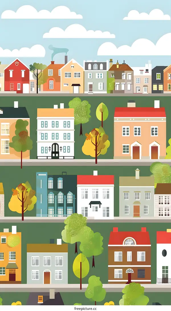 Colorful Illustration Of A European Town With Houses And Trees