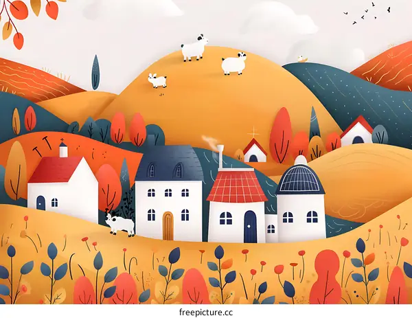 Cute Cartoon Illustration of a Village in Autumn