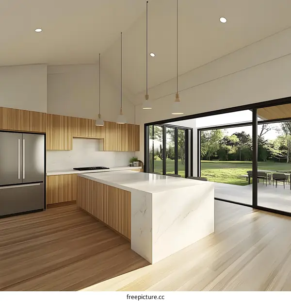 Modern Kitchen with White Marble Island and Wooden Cabinets